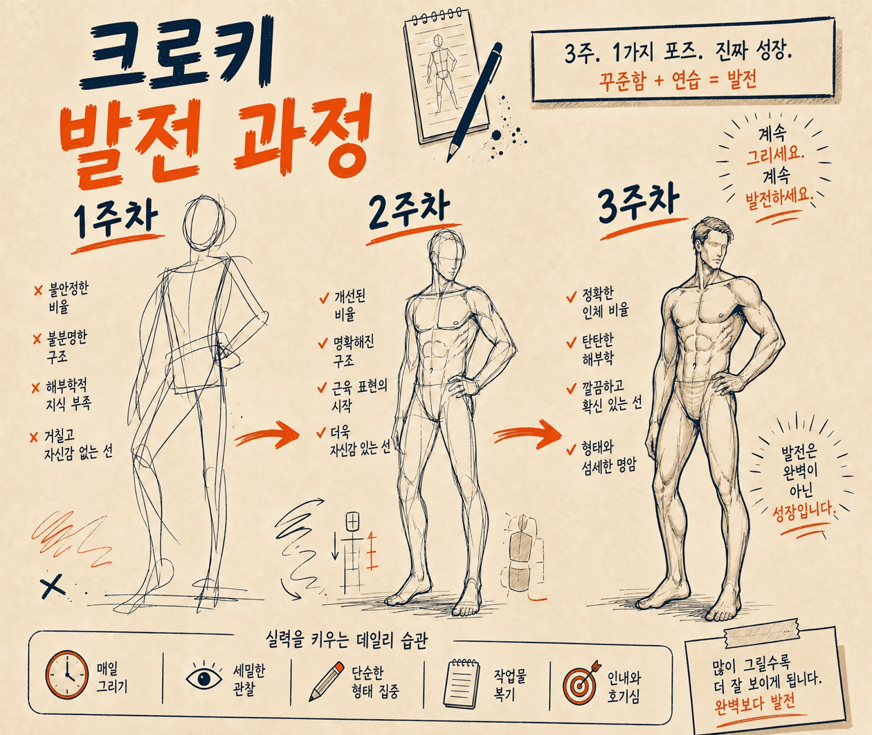 3주 동안의 크로키 발전 과정 인포그래픽